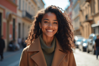 Jeune actrice métisse souriante en extérieur en lumière naturelle