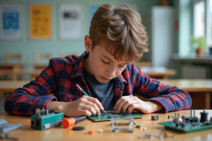Jeune garçon en classe soudant une carte Arduino