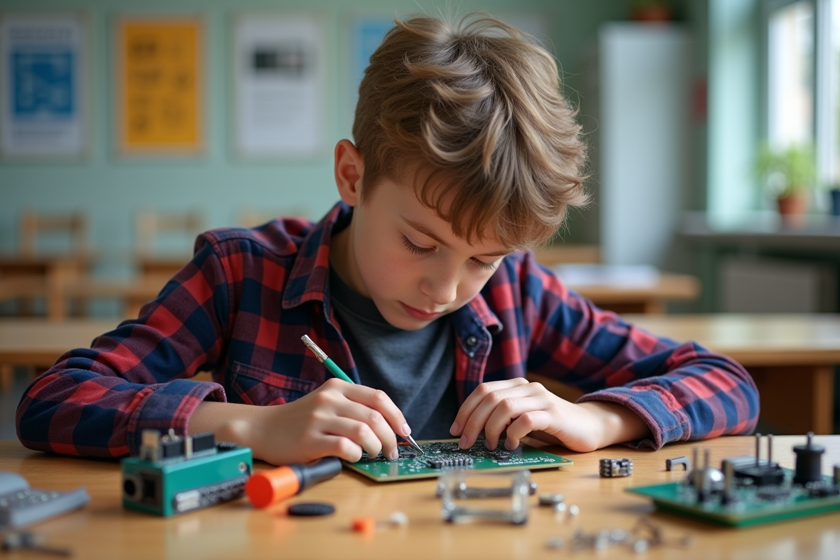 Jeune garçon en classe soudant une carte Arduino
