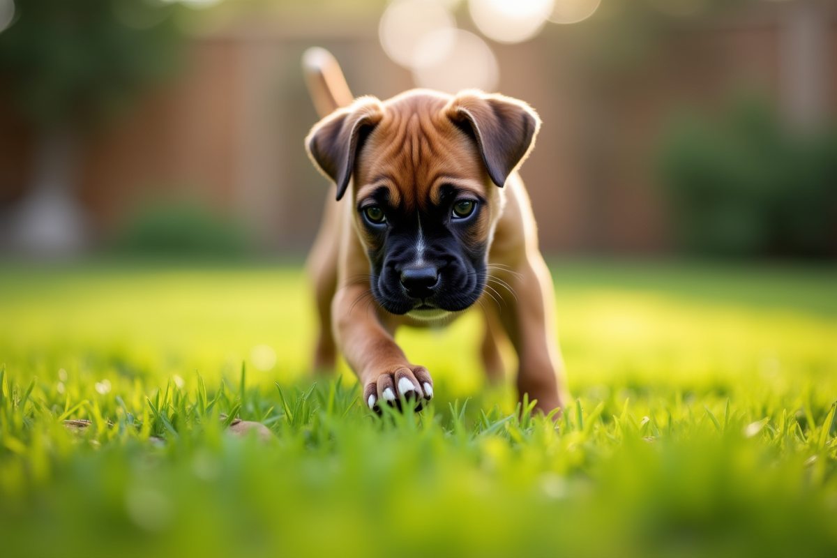 Jeune chiot boxer explorant la pelouse verte du jardin