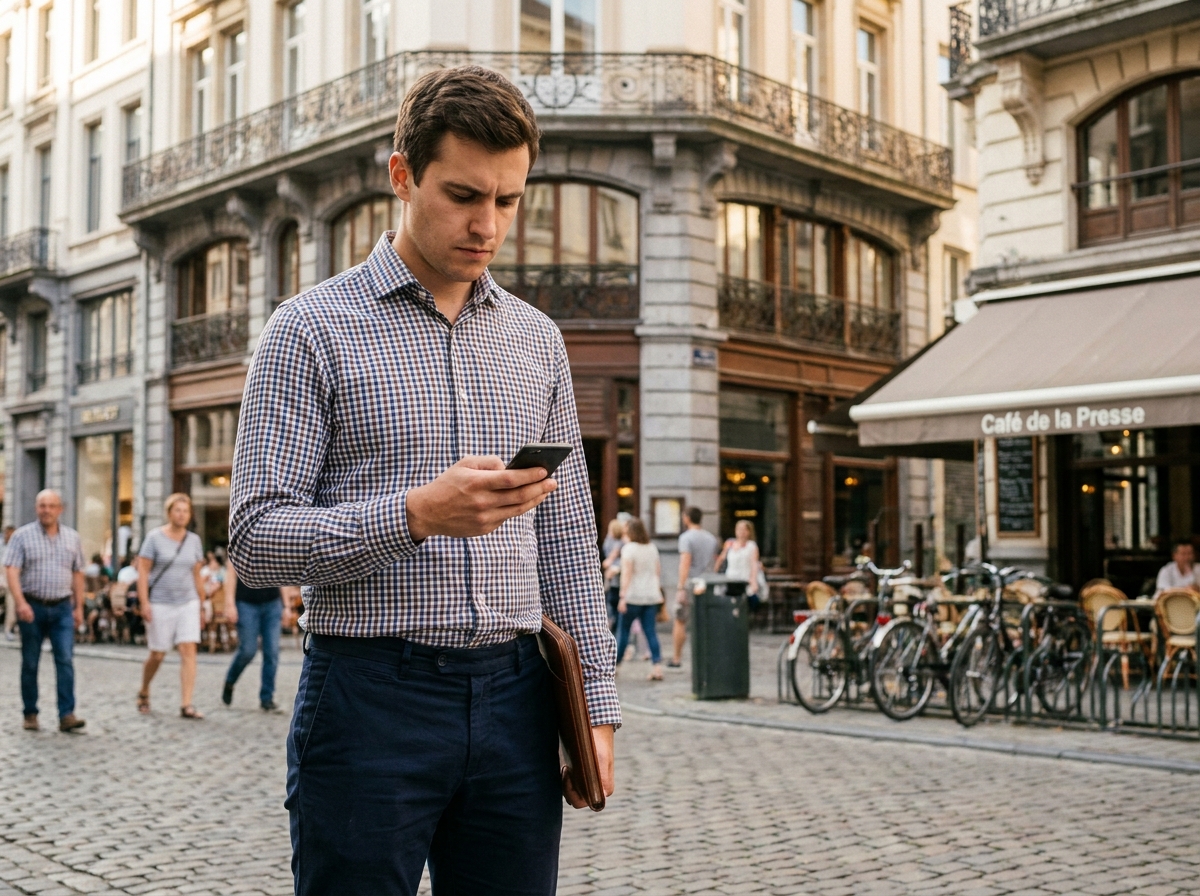 Jeune commercial en déplacement dans les rues de Bruxelles avec un portfolio professionnel