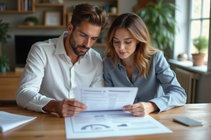Jeune couple examine documents d'achat immobilier