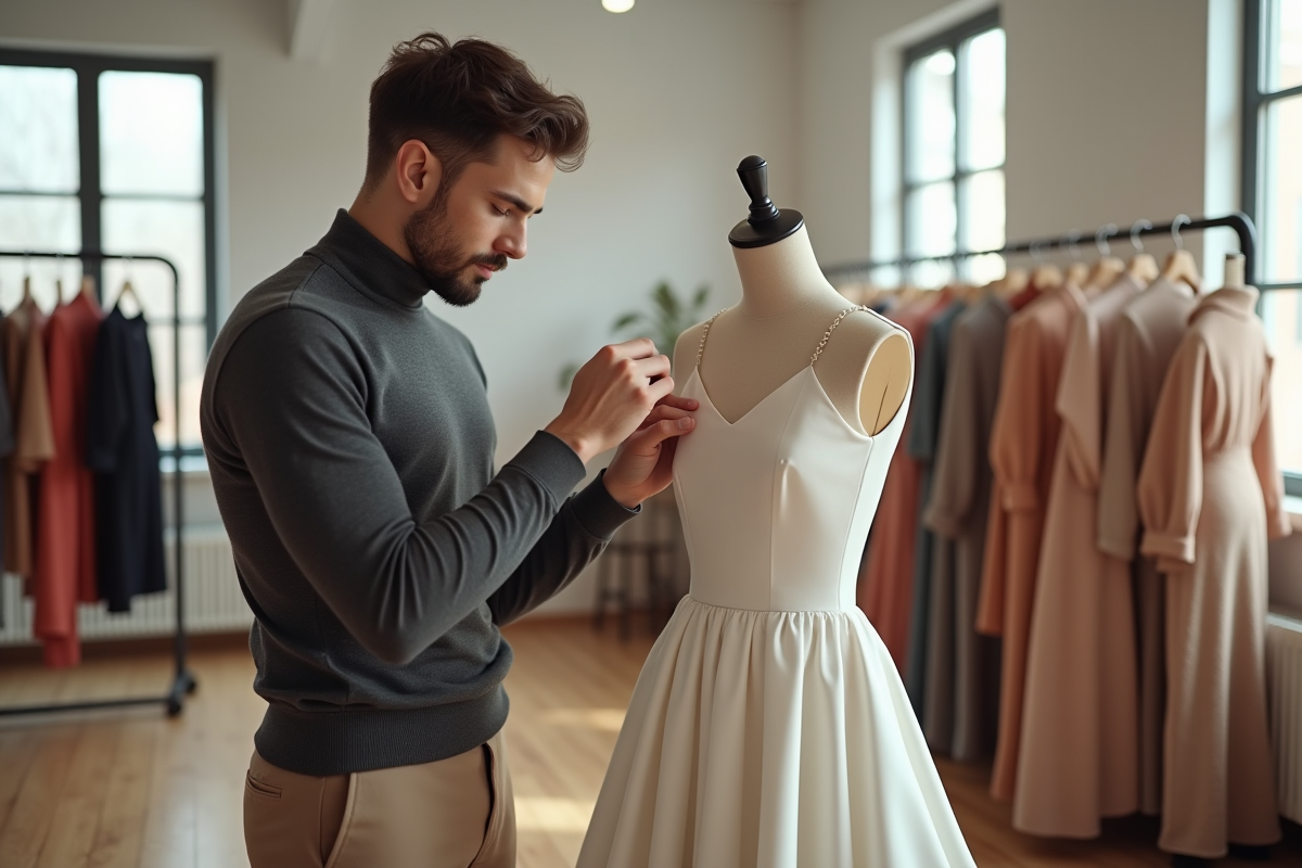 Jeune créateur de mode ajustant un tissu dans son atelier