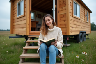 Jeune femme lisant dans une petite maison écologique en pleine nature