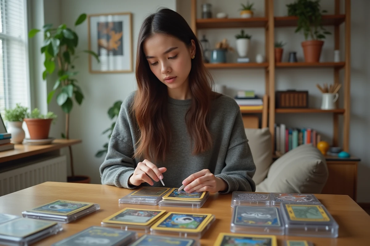 Jeune femme inspectant des cartes Pokémon chez elle dans un cadre cosy