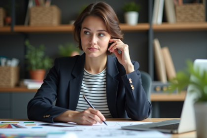 Jeune femme en studio de design concentrée sur ses esquisses