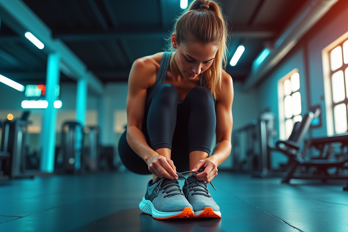 Jeune femme sportive en train de lacer ses chaussures de course dans une salle moderne