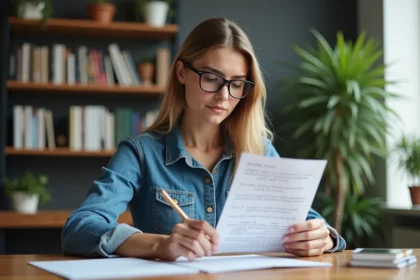 Jeune femme en denim lisant un memo en français