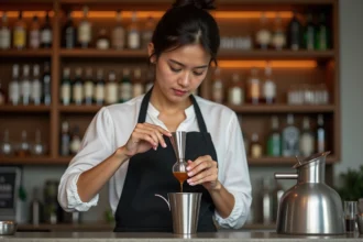 Jeune femme en blouse blanche mesure du sirop au bar