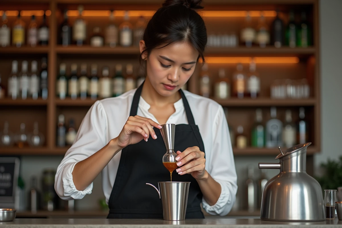 Jeune femme en blouse blanche mesure du sirop au bar