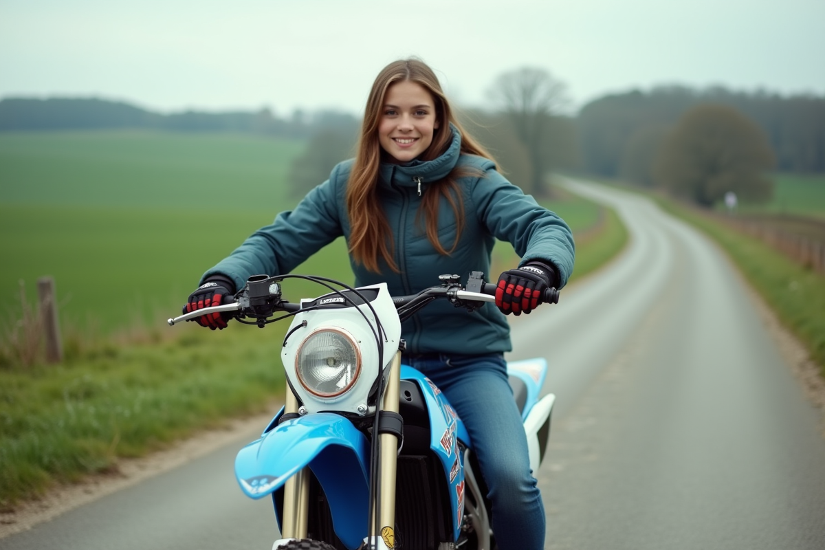 Jeune femme motocross sur route rurale calme