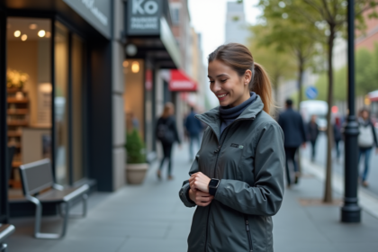 Jeune femme en veste connectee dans une ville animée