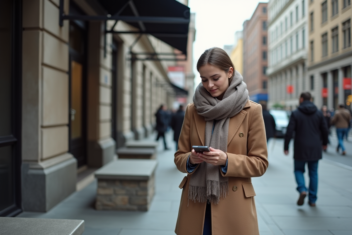 Jeune femme vérifie son téléphone devant une banque en ville