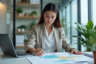 Jeune femme examinant des cartes de zonage et rapports SEO