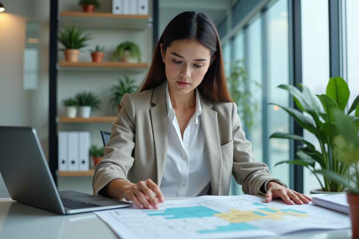 Jeune femme examinant des cartes de zonage et rapports SEO
