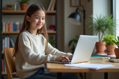 Jeune fille assise à un bureau avec ordinateur dans un intérieur moderne