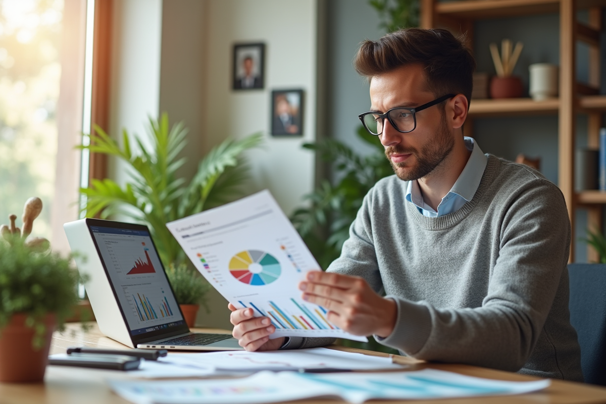 Jeune homme étudiant des brochures d