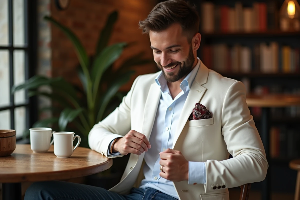Jeune homme en chemise blanche et jeans dans un café cosy