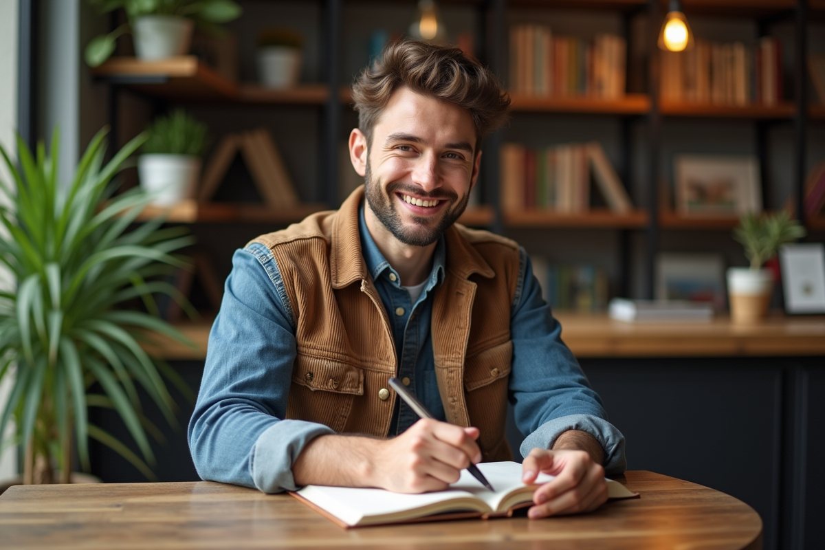 Jeune homme travaillant dans un café chaleureux