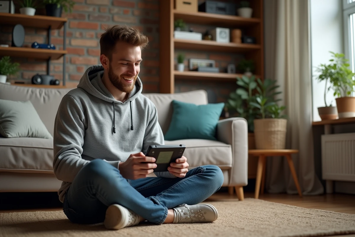 Jeune homme jouant à une console vintage dans un salon cosy