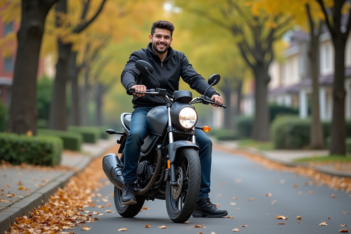 Jeune homme sur une moto Magpower Avengers 125 dans un quartier résidentiel