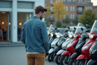 Jeune homme inspectant des motos 50cc neuves à l'extérieur
