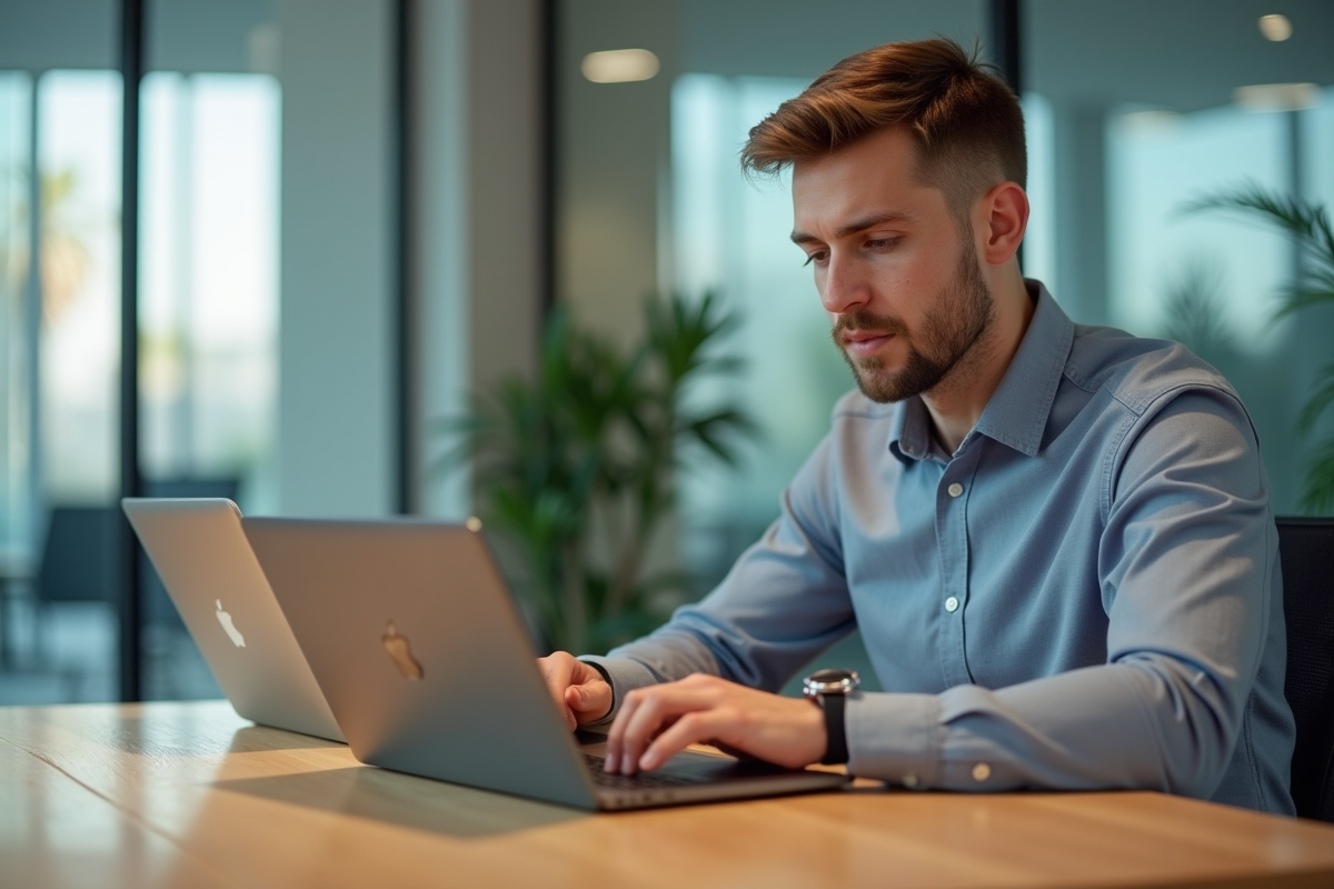 Jeune homme professionnel compare deux laptops modernes