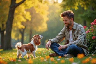 Jeune homme souriant avec son cocker spaniel dans un parc ensoleille