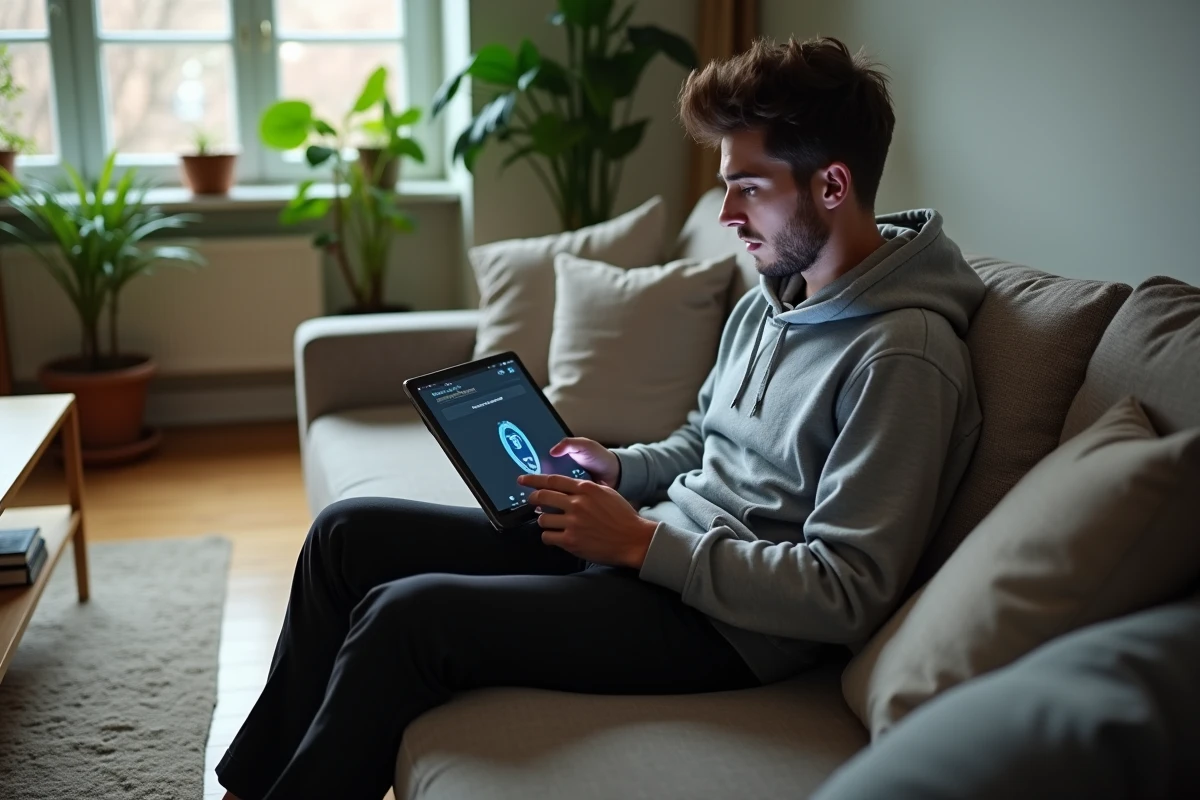 Jeune homme utilisant une tablette pour un scan virus à la maison