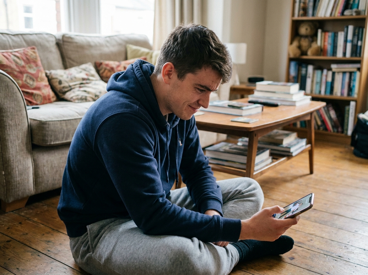 Jeune homme regardant un tutoriel de danse TikTok sur son smartphone assis sur le sol de son salon, transition de spectateur à danseur
