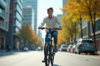 Jeune professionnel roulant en vélo électrique en ville
