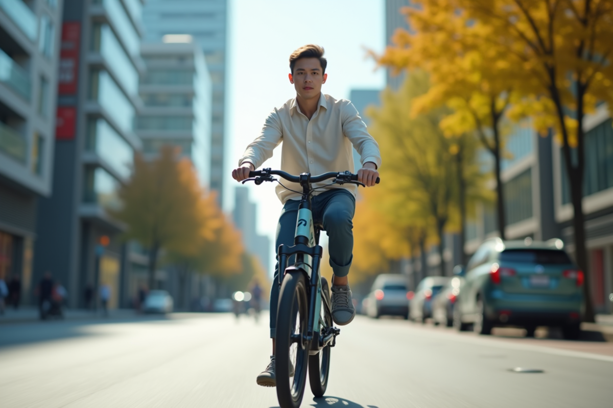 Jeune professionnel roulant en vélo électrique en ville