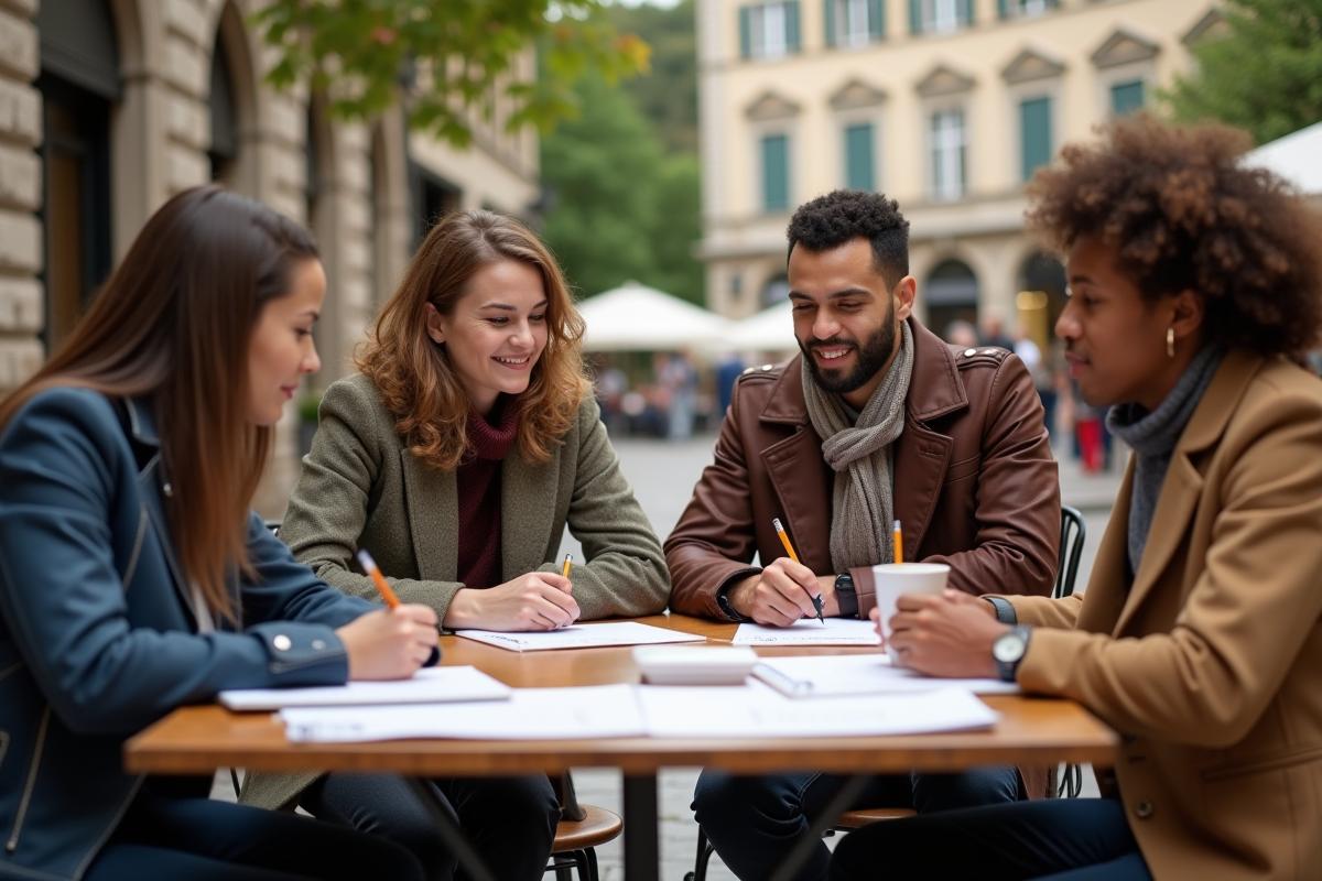 Jeunes designers multiculturels partageant idées au café