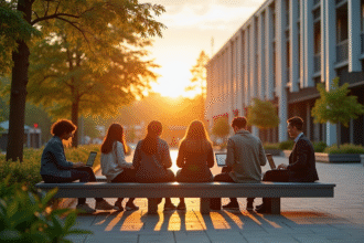 Groupe d'étudiants dehors au lever du soleil avec ordinateurs