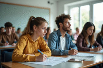 Groupe de jeunes adultes passant un examen de certification en classe lumineuse