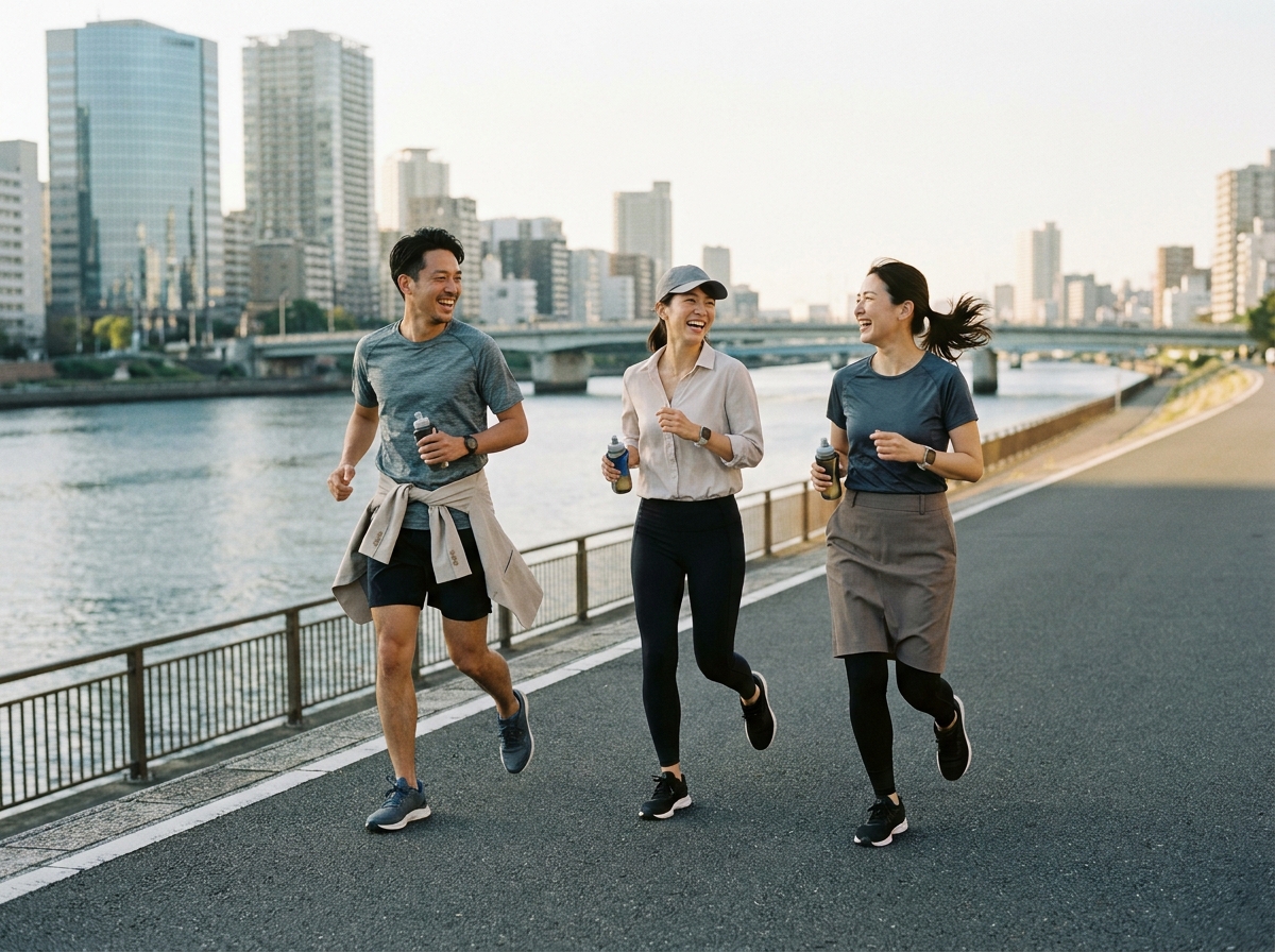 Groupe de collègues faisant un jogging ensemble au bord d'une rivière urbaine pendant la pause déjeuner