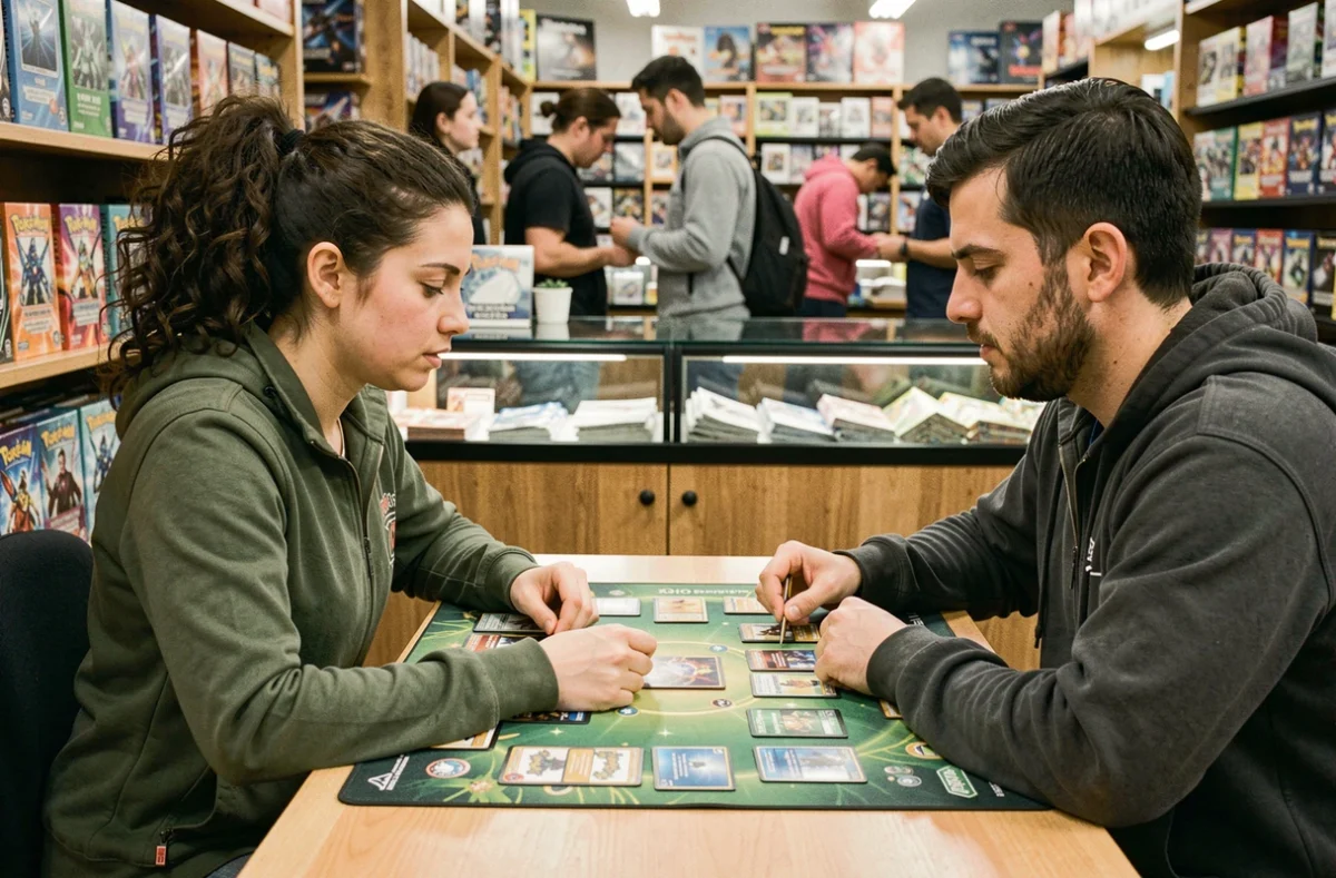 Deux joueurs s'affrontent avec des cartes Pokémon Aventure Ensemble dans un magasin de jeux