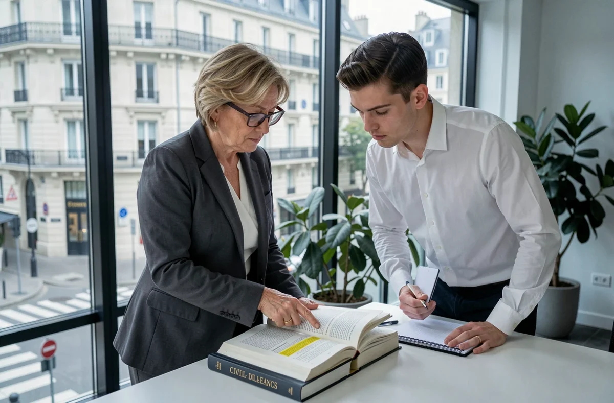Juriste senior expliquant l'obligation précontractuelle d'information de l'article 1112-1 du Code civil à un client dans un cabinet d'avocats parisien