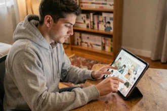 Jeune homme lisant des mangas en ligne sur une tablette dans une chambre cosy entourée de volumes manga