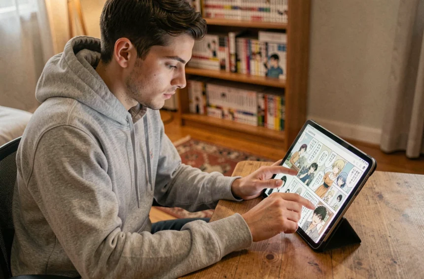 Jeune homme lisant des mangas en ligne sur une tablette dans une chambre cosy entourée de volumes manga