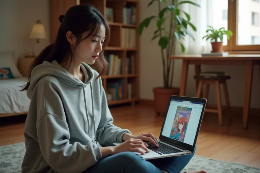 Jeune femme lisant des scans de manga en français sur un ordinateur portable dans une chambre cosy inspirée du Japon