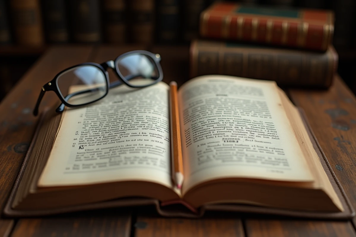 Détail d'un livre de grammaire française ouvert montrant les règles d'utilisation de la capitale accentuée, avec un crayon et des lunettes posés sur les pages
