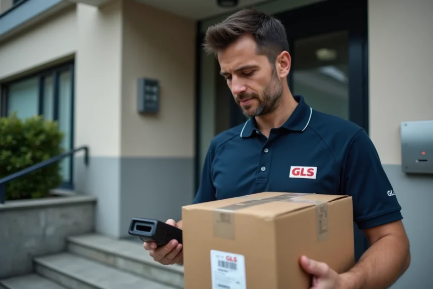 Livreur GLS en uniforme tenant un colis devant l'entrée d'un immeuble résidentiel