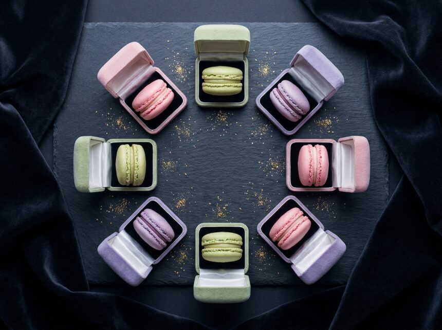 Macarons colorés présentés dans des écrins à bijoux sur fond d'ardoise noire, mise en scène élégante vue du dessus