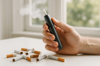 Main tenant une cigarette électronique moderne avec vapeur