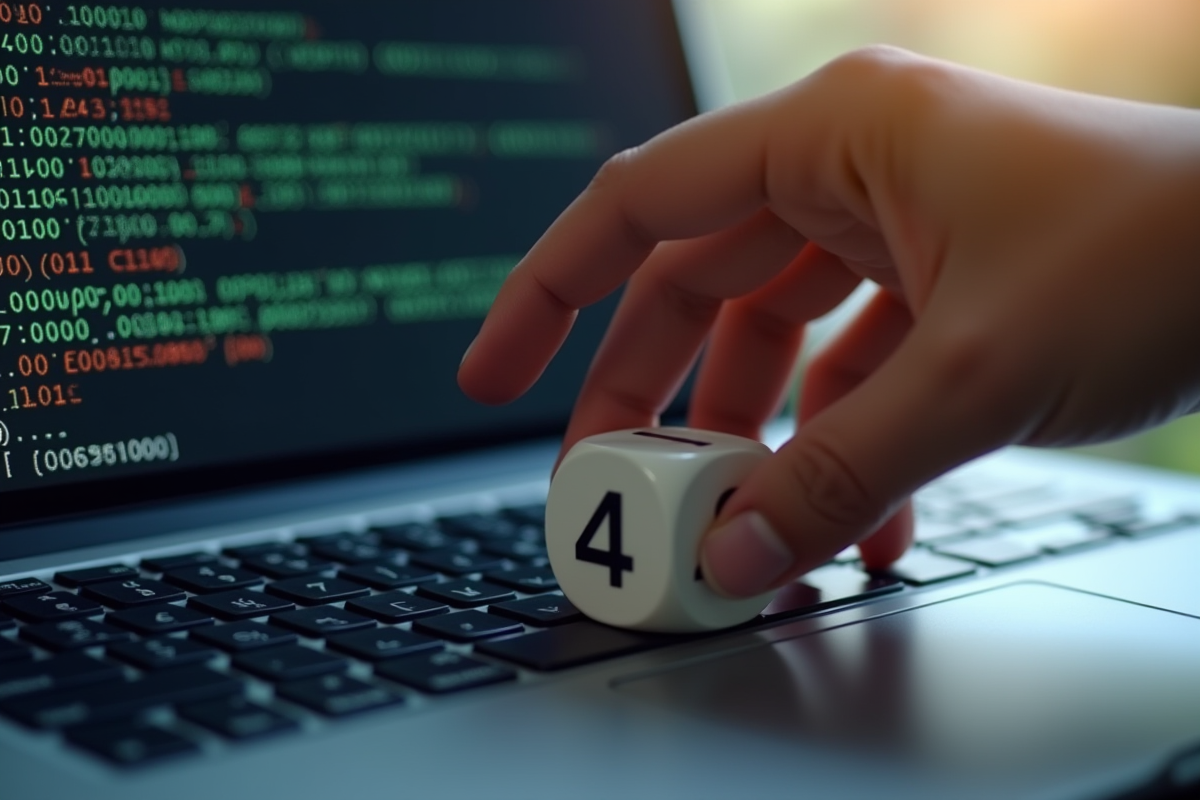 Main tenant un dé sur un clavier avec code binaire reflet