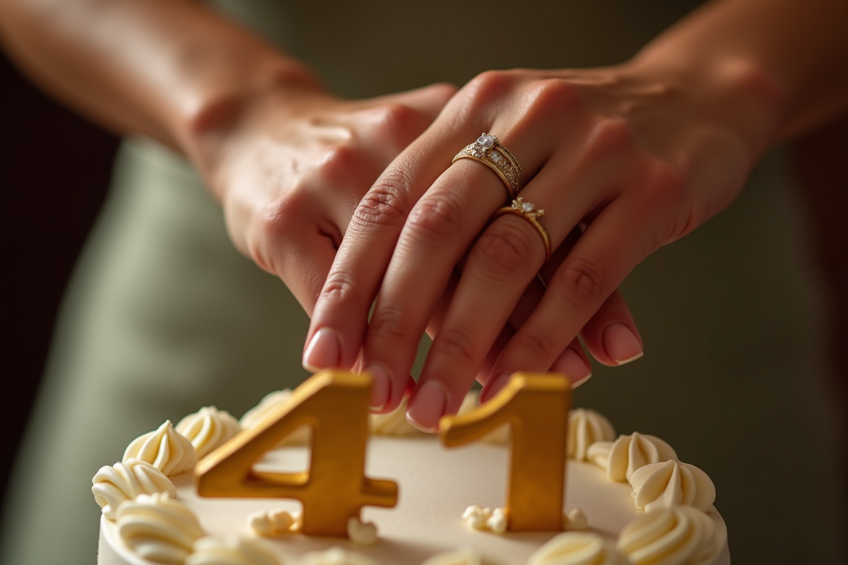 Mains avec bagues de mariage touchant un gâteau anniversaire
