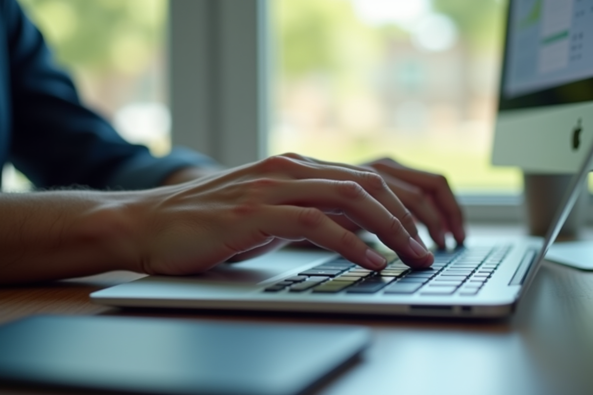 Mains tapant sur un clavier élégant avec une boîte mail organisée en arrière-plan