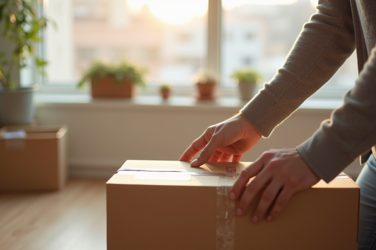 Mains déballant des cartons dans un salon lumineux et chaleureux