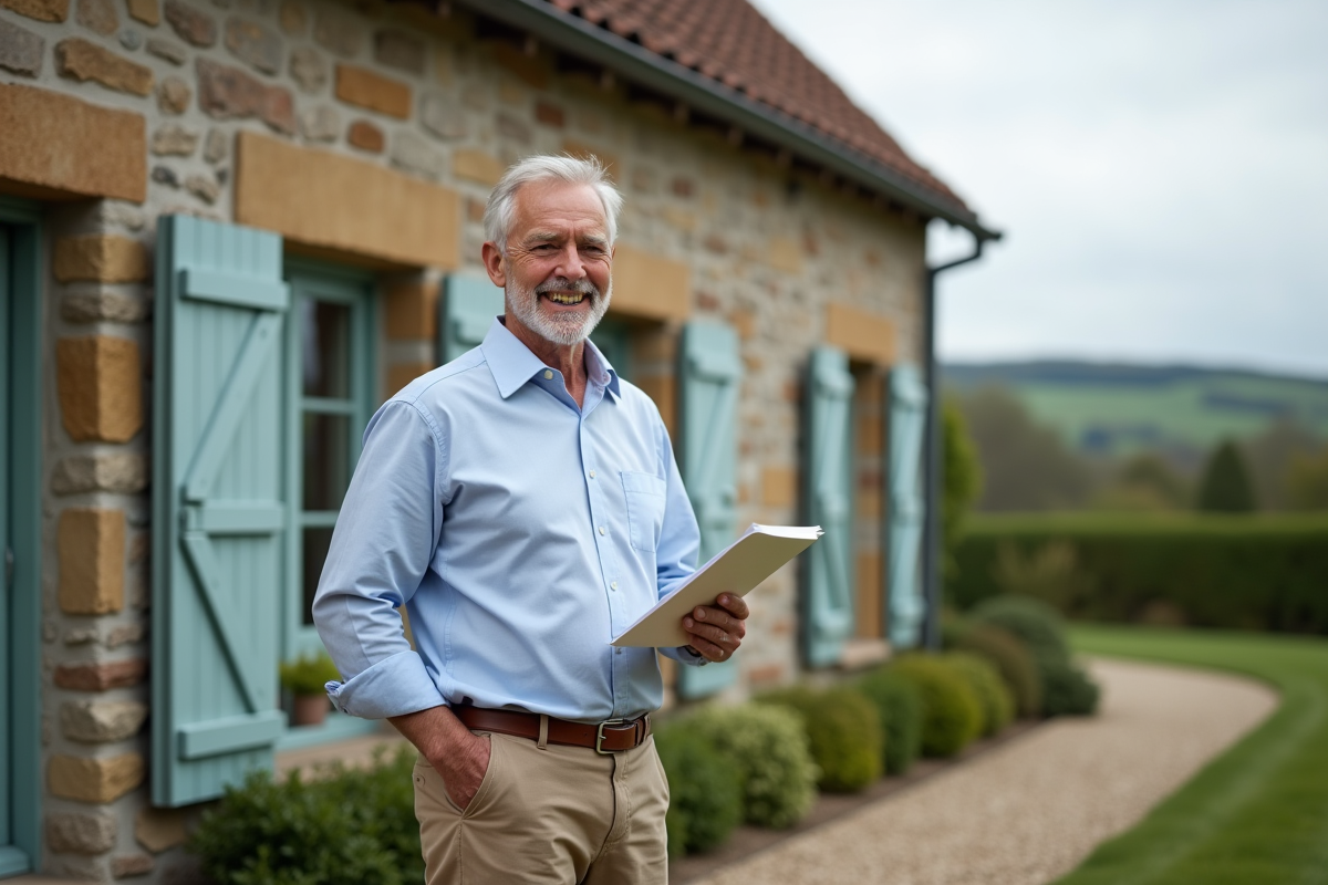 Homme devant sa maison de vacances en campagne